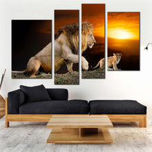 Load image into Gallery viewer, lion landscape canvas wall art king of the jungle 4 piece canvas lion and cub yellow sunset canvas artwork brown lion mountain canvas print
