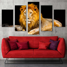 Load image into Gallery viewer, lion looking canvas print yellow orange lion portrait 5 piece canvas wall art lion animal canvas set In Living Room
