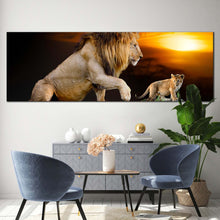 Load image into Gallery viewer, lion  mountain  canvas  print  lion  and  cub  yellow  sunset  1  piece  canvas  wall  art  brown  lion  in  nature  canvas  artwork For Living Room
