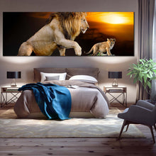 Load image into Gallery viewer, lion  mountain  canvas  print  lion  and  cub  yellow  sunset  1  piece  canvas  wall  art  brown  lion  in  nature  canvas  artwork In Bedroom
