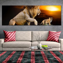 Load image into Gallery viewer, lion  mountain  canvas  print  lion  and  cub  yellow  sunset  1  piece  canvas  wall  art  brown  lion  in  nature  canvas  artwork In Living Room
