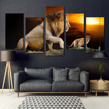 Load image into Gallery viewer, lion nature canvas wall art brown lion and cub landscape 5 piece canvas print lion mountain yellow sunset multi canvas For Your Living room
