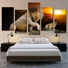 Load image into Gallery viewer, lion nature canvas wall art brown lion and cub landscape 5 piece canvas print lion mountain yellow sunset multi canvas In Bedroom
