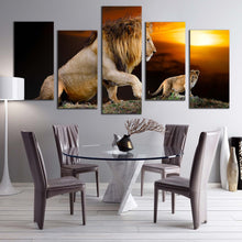 Load image into Gallery viewer, lion nature canvas wall art brown lion and cub landscape 5 piece canvas print lion mountain yellow sunset multi canvas For Dining Room
