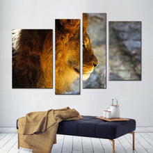 Load image into Gallery viewer, lion profile canvas print yellow orange lion head 4 piece canvas wall art wild cat animal multiple canvas for living room
