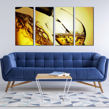 Load image into Gallery viewer, liquor bottle canvas print white wine pouring 4 piece canvas wall art yellow wine glass close up multi canvas In Living room
