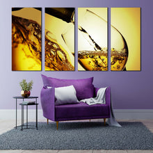 Load image into Gallery viewer, liquor bottle canvas print white wine pouring 4 piece canvas wall art yellow wine glass close up multi canvas For Living room
