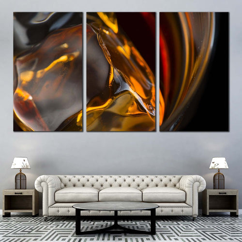 liquor glass canvas wall art elegant abstract whisky multiple canvas yellow liquor drink ice cube 3 piece canvas print For Living Room