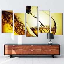 Load image into Gallery viewer, liquor glass canvas wall art yellow wine glass close up 5 piece canvas print white wine pouring canvas set In Living Room
