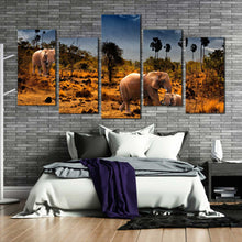 Load image into Gallery viewer,  5 panel canvas art of Elephants in Desert Palm Trees Mountains Sky In Your Bedroom
