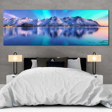 Load image into Gallery viewer, lofoten  islands  canvas  wall  art  white  winter  mountains  canvas  print  blue  sky  northern  lights  ocean  1  piece  canvas In Bedroom
