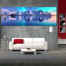 Load image into Gallery viewer, lofoten  islands  canvas  wall  art  white  winter  mountains  canvas  print  blue  sky  northern  lights  ocean  1  piece  canvas In Living Room
