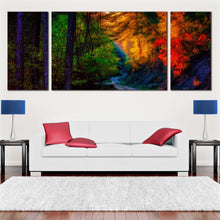 Load image into Gallery viewer, lonely  path  through  forest  triptych  canvas  print In Living Room
