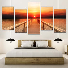 Load image into Gallery viewer, long pier timber seascape sunset 5 piece canvas prints For Bedroom
