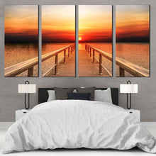 Load image into Gallery viewer, long timber jetty at dramatic sunset 4 piece home canvas decor For Bedroom
