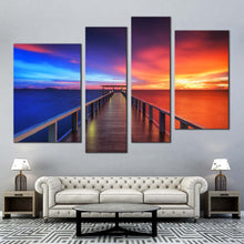 Load image into Gallery viewer, long timber jetty at dramatic sunset 4 piece home canvas decor 
