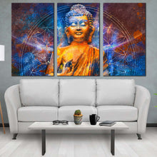 Load image into Gallery viewer, lord buddha canvas print blue light buddha oil painting 3 piece canvas wall art orange buddha canvas set For Living Room
