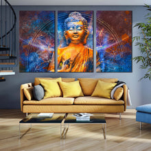 Load image into Gallery viewer, lord buddha canvas print blue light buddha oil painting 3 piece canvas wall art orange buddha canvas set In Living Room
