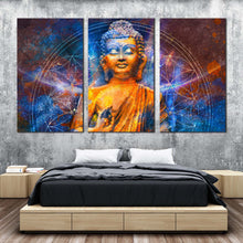 Load image into Gallery viewer, lord buddha canvas print blue light buddha oil painting 3 piece canvas wall art orange buddha canvas set For Bedroom
