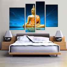 Load image into Gallery viewer, lord buddha canvas wall art blue scenic lighting background buddha canvas set gold buddha meditation 4 piece multi canvas for bedroom
