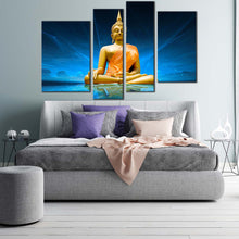 Load image into Gallery viewer, lord buddha canvas wall art blue scenic lighting background buddha canvas set gold buddha meditation 4 piece multi canvas
