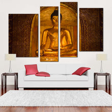 Load image into Gallery viewer, lord buddha canvas wall art brown wat phra singh temple 4 piece multiple canvas gold peaceful buddha statue canvas print for living room
