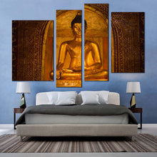 Load image into Gallery viewer, lord buddha canvas wall art brown wat phra singh temple 4 piece multiple canvas gold peaceful buddha statue canvas print
