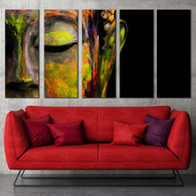 Load image into Gallery viewer, lord buddha canvas wall art colorful buddha meditation 5 piece multi canvas artwork buddha face close up canvas print In Living room
