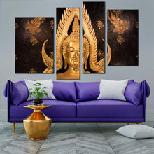 Load image into Gallery viewer, lord buddha canvas wall art gold buddha statue 4 piece canvas print buddha temple multiple canvas for living room
