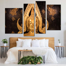 Load image into Gallery viewer, lord buddha canvas wall art gold buddha statue 4 piece canvas print buddha temple multiple canvas for your bedroom
