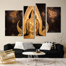 Load image into Gallery viewer, lord buddha canvas wall art gold buddha statue 4 piece canvas print buddha temple multiple canvas
