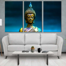 Load image into Gallery viewer, lord buddha canvas wall art golden buddha statue 3 piece canvas print buddha meditation multi canvas In Living room
