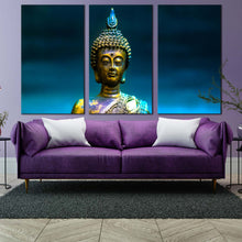 Load image into Gallery viewer, lord buddha canvas wall art golden buddha statue 3 piece canvas print buddha meditation multi canvas For Living Room
