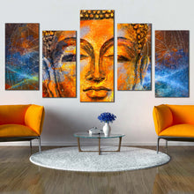 Load image into Gallery viewer, lord buddha canvas wall art yellow gold buddha canvas set buddha meditation 5 piece canvas print For Living Room
