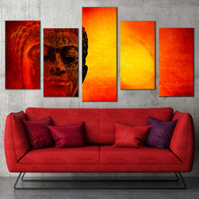 Load image into Gallery viewer, lord buddha canvas wall art yellow sky buddha statue 5 piece canvas print orange buddha multiple canvas In Living Room
