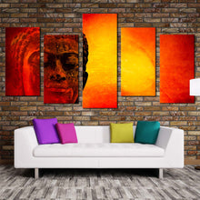 Load image into Gallery viewer, lord buddha canvas wall art yellow sky buddha statue 5 piece canvas print orange buddha multiple canvas For Your Living Room
