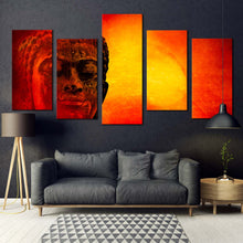 Load image into Gallery viewer, lord buddha canvas wall art yellow sky buddha statue 5 piece canvas print orange buddha multiple canvas For Living room
