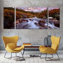 Load image into Gallery viewer, los glaciares canvas wall art white fitz roy mountain sunset 3 piece canvas print argentina landscape waterfall green forest canvas set In Living Room
