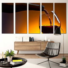 Load image into Gallery viewer, luxury cognac canvas wall art black bottle cognac poured canvas print red cognac 5 piece multi canvas artwork In Living room
