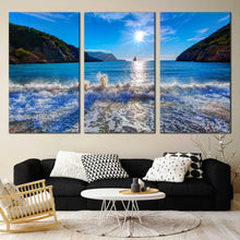 Load image into Gallery viewer, magical sunset at Es Vedra Ibiza Spain 3 piece wall art In Living Room
