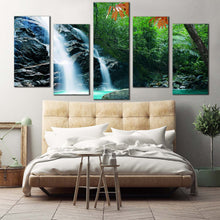 Load image into Gallery viewer, majestic waterfall canvas wall art beautiful green nature forest waterfall 5 piece canvas print amazing tropical forest white waterfall canvas set For Your Bedroom
