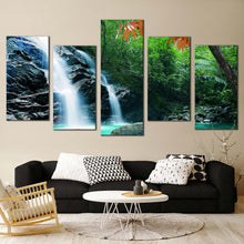 Load image into Gallery viewer, majestic waterfall canvas wall art beautiful green nature forest waterfall 5 piece canvas print amazing tropical forest white waterfall canvas set In Living Room
