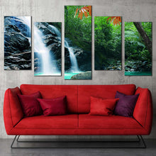 Load image into Gallery viewer, majestic waterfall canvas wall art beautiful green nature forest waterfall 5 piece canvas print amazing tropical forest white waterfall canvas set For Living Room
