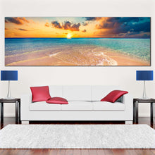 Load image into Gallery viewer, maldives  island  canvas  wall  art  yellow  sunset  ocean  beach  panoramic  canvas  print  cloudy  blue  ocean  canvas  artwork In Living Room
