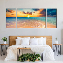 Load image into Gallery viewer, maldives ocean canvas print blue ocean beach 3 piece canvas wall art yellow cloudy sunset triptych multiple canvas In Bedroom
