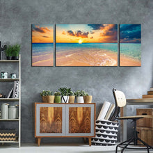 Load image into Gallery viewer, maldives ocean canvas print blue ocean beach 3 piece canvas wall art yellow cloudy sunset triptych multiple canvas
