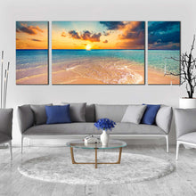 Load image into Gallery viewer, maldives ocean canvas print blue ocean beach 3 piece canvas wall art yellow cloudy sunset triptych multiple canvas For Living Room
