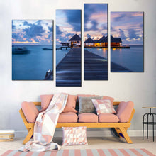 Load image into Gallery viewer, maldives ocean canvas wall art blue kani island ocean beach 4 piece multiple canvas orange beach resort seascape canvas print for living room
