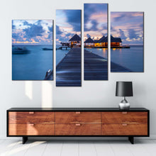 Load image into Gallery viewer, maldives ocean canvas wall art blue kani island ocean beach 4 piece multiple canvas orange beach resort seascape canvas print for your living room 
