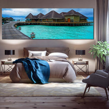 Load image into Gallery viewer, maldives  ocean  canvas  wall  art  hotel  on  blue  water  1  piece  canvas  print  brown  wooden  bridge  sea  wide  canvas For Bedroom
